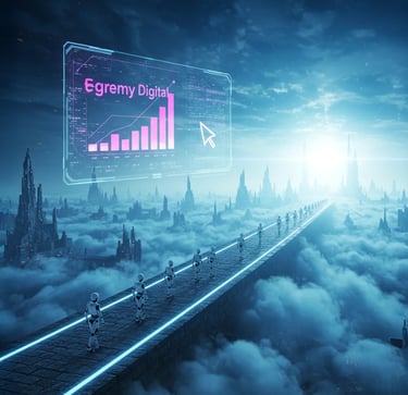 Robots cruzan puente sobre nubes junto a holograma de gráfico Egremy Digital, mostrando delegación automática y rápido crecim