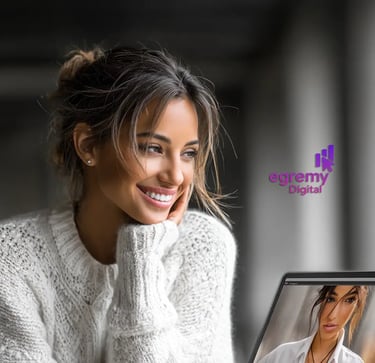 Mujer sonriente con suéter blanco mira laptop en videollamada; branding humano de Egremy Digital.