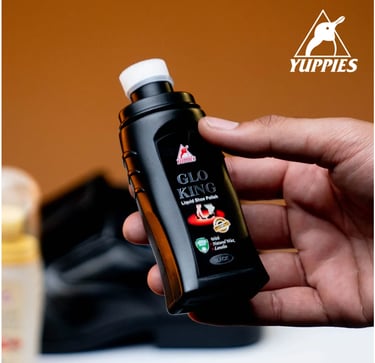 Yuppies Glo-King liquid shoe polish – black, brown, neutral bottles Pakistan