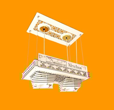 Modern white wooden kitchen chandelier with intricate laser-cut patterns and hanging pendant lights.