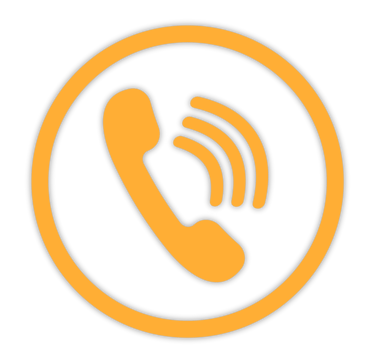 Orange telephone handset icon with signal waves inside a circle on a black background.