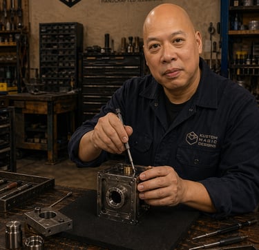 Ray Lum illusions maker at Kustom Magic Designs workspace assembling a metal magic prop.