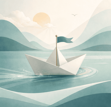 Minimalist illustration of a white paper boat floating on calm blue water with rolling hills and a sun.