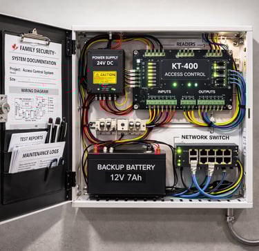 Access control panel with KT-400 controller, power supply, backup battery, and network switch inside metal enclosure.