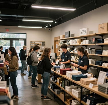 A dynamic photo of a thriving retail environment in the Northwest US with customers interacting warmly with local staff, natural dramatic commercial lighting.