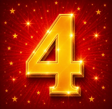 Numéro 4 doré – fond rouge avec étoiles
