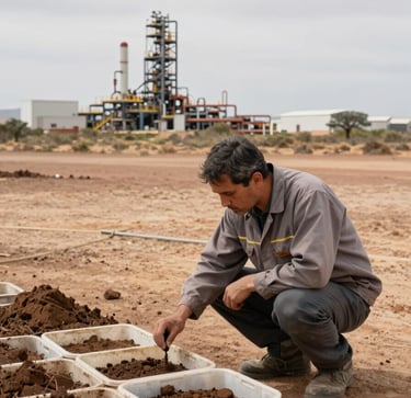 Wide environmental survey in progress on a dry South African industrial site, technician crouching over soil sample containers in foreground, flat overcast daylight, operational infrastructure visible in the mid-ground distance