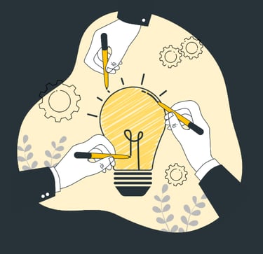 Multiple people holding a pencil and writing on a light bulb. Gears and plants are in the background