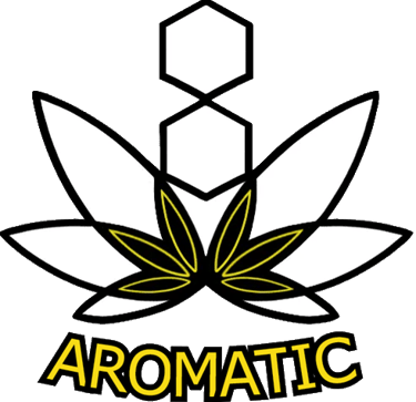 Aromatic brand logo featuring a white cannabis leaf with hexagon symbols and yellow outlines.