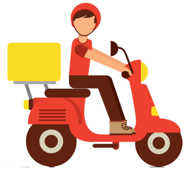 Flat vector illustration of a delivery man riding a red scooter with a yellow cargo box.