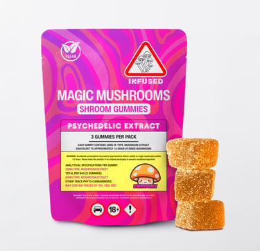 Pink pouch of psychedelic magic mushroom gummies with three sugar-coated edible shroom cubes.