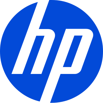 a hp logo on a blue and white background