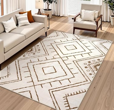 Beige Moroccan Tribal Bohemian Rug – Washable Low-Pile Geometric Pattern Area Rug for Living Room 