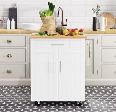 Modern kitchen island cart with storage and wheels — space-saving, mobile, functional furniture.