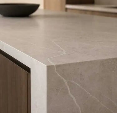 Minimalist Beige Stone Waterfall Countertop with Seamless Mitered Edge