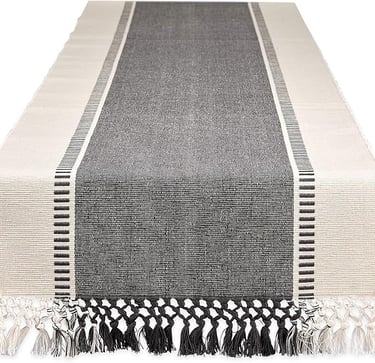 Modern gray table runner for dining table, minimalist woven design.