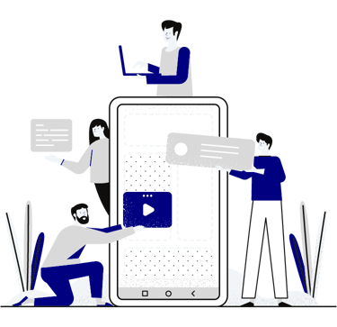 a group of people standing around a phone building an app with blocks