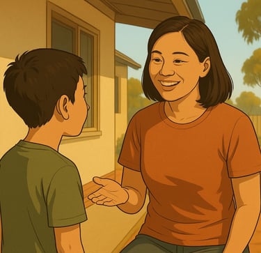 Vietnamese mother praising her child outside their Robinvale home in bright morning light, gum trees and red soil behind.