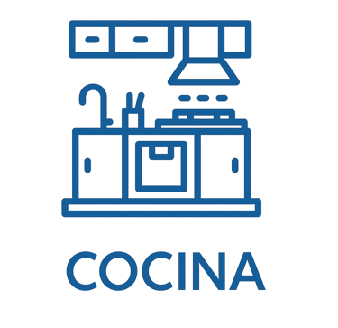 Ícono azul que representa cocina integral equipada en departamento, elemento gráfico