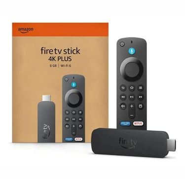 Amazon Fire TV Stick 4K Plus with Alexa Voice Remote and Wi-Fi 6 streaming device packaging.