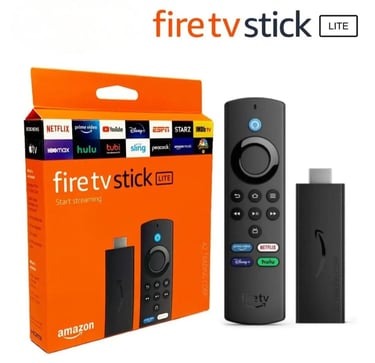 Amazon Fire TV Stick Lite with Alexa Voice Remote and original orange product packaging.