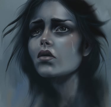 a woman with a teary face and a teary face