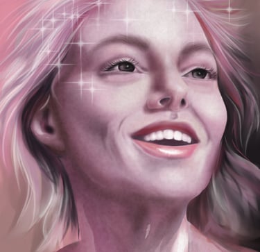 a woman with blonde hair and a pink shirt