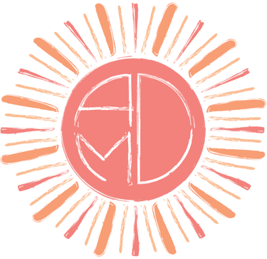 Graphic coral colored sun featuring the letters AMD inside
