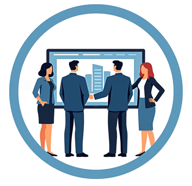 a group of people standing around a board