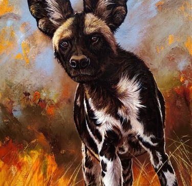 a painting of a wild dog in the wild
