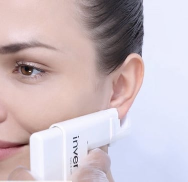 See a woman using an electric device for skin treatment. Come to us for professional ear piercing services as well!