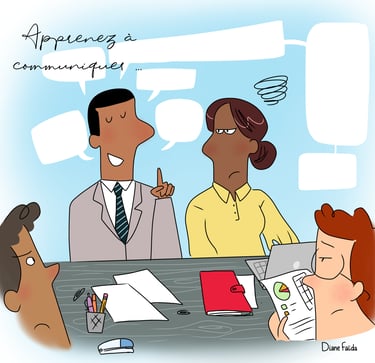 a cartoonish business cartoon of a man and woman? Réunion d'affaire. Communiquer. By Diane Mulolo Fa