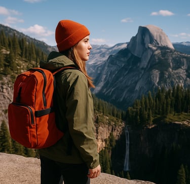 Woman hiker overlooking canyon and waterfall, solo wilderness trekking and survival navigation in rugged terrain