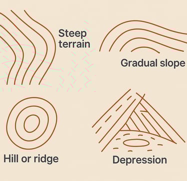 Topographic contour lines showing slope, ridge, and elevation changes for survival map reading skills