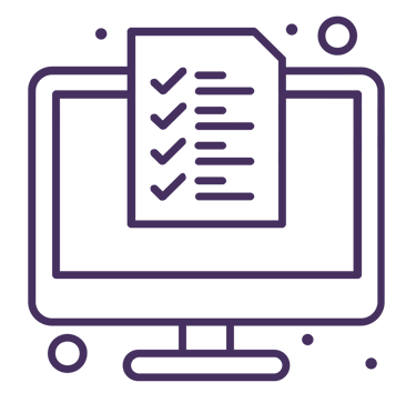 Purple line art icon of a computer monitor with a completed digital checklist for online task management.