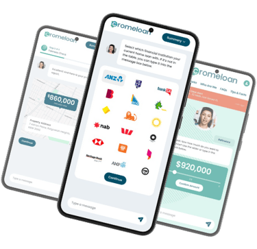 Several images of Cromeloan's web app on mobile phones showing different ways Cromeloan's Generative AI helping with loan