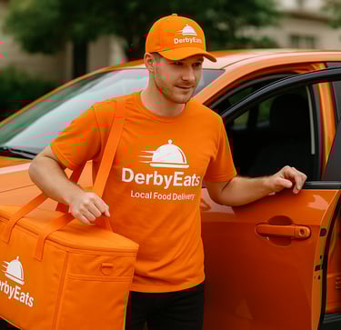 DerbyEats driver out of the car for food delivery.