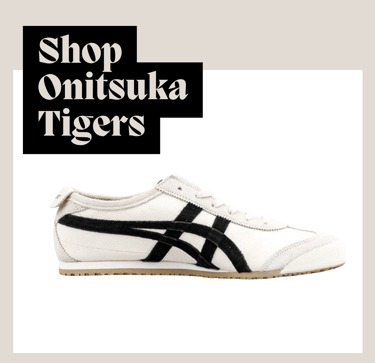 An image of Onitsuka Tiger sneakers in black and white, with the text "Shop Onitsuka Tigers"