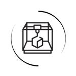 Black and white line icon of a 3D printer creating a cube inside a circular frame.