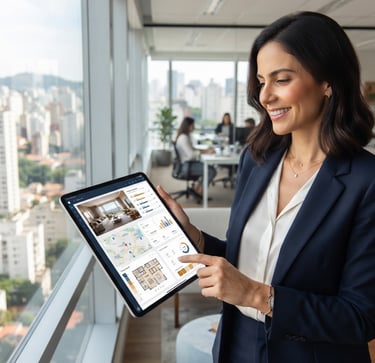 Modern digital interface on a tablet held by a real estate agent in a bright São Paulo office, clean angles, natural daylight, professional corporate photography