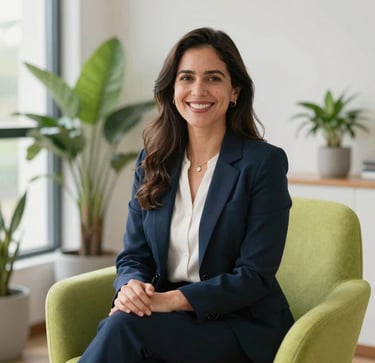 Cheerful portrait of a professional Chilean female psychologist wearing smart-casual clothing, smiling in a bright room with interior plants and a bright green modern chair. Soft afternoon light, professional healthtech vibe.