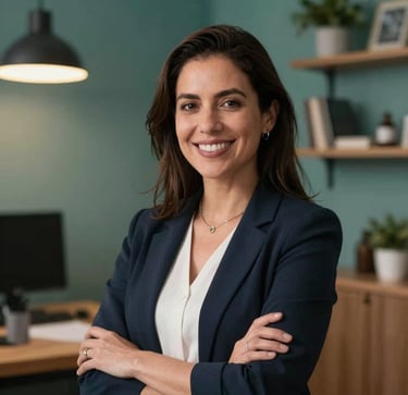 Professional studio portrait of a friendly and smiling Chilean female psychologist, looking at the camera. Dynamic setup with warm lighting and a modern workspace backdrop featuring teal and green tones.
