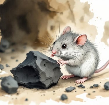 Aquarell einer kleinen grauen Maus, die an einem schwarzen Kohlestück schnuppert