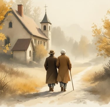 Aquarell eines älteren Paares, das im Herbstnebel zur Dorfkirche geht