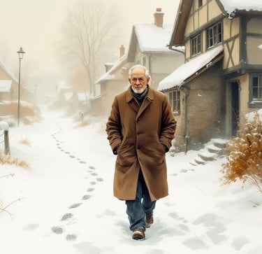 Aquarell eines älteren Mannes im Mantel, der durch den frischen Schnee geht