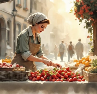 Aquarell einer Marktfrau im Kopftuch, die an ihrem Stand frische Erdbeeren ordnet