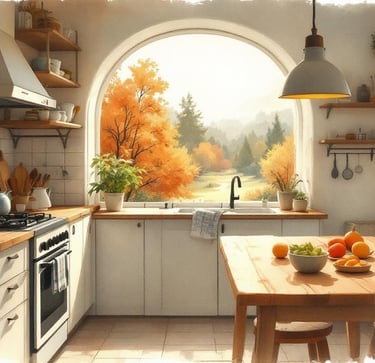 Aquarell einer gemütlichen Herbstküche mit Bogenfenster und Blick auf bunte Bäume