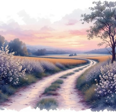 Aquarell eines geschwungenen Feldwegs zwischen blühenden Sträuchern im Abendrot