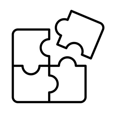 Black and white line icon of four puzzle pieces representing a creative solution or teamwork strategy.
