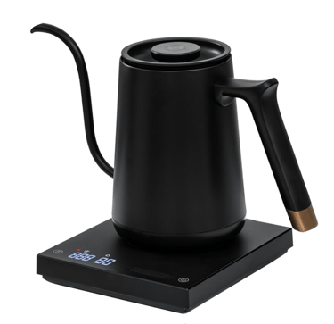 Matte black electric gooseneck kettle on a digital base for precision pour-over coffee brewing.